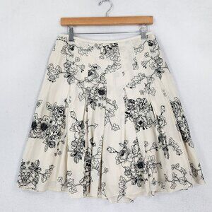 Ann Taylor Skirt Womens 4 Cream Black Sketch Floral Pleated A Line Minimalist